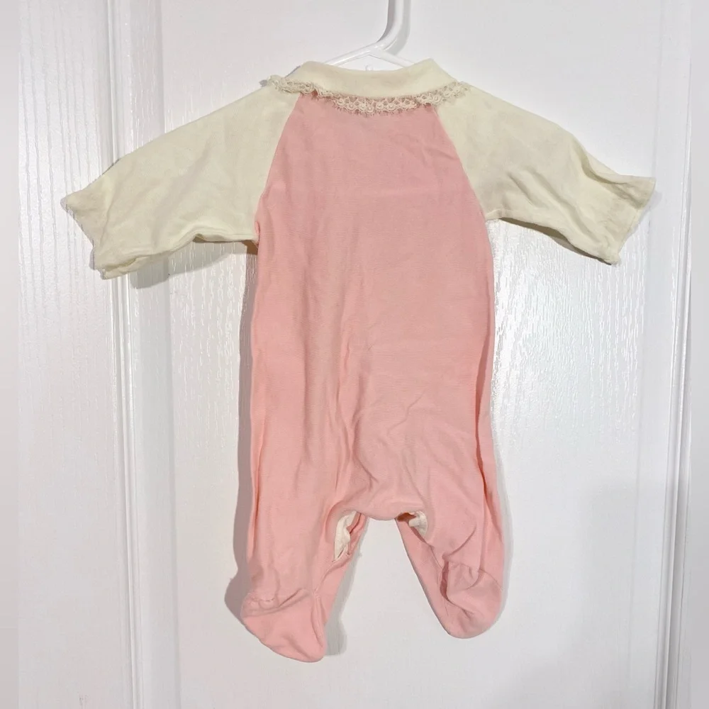 70s Lace Collar Footed Onesie Vintage Pink Cream Newborn